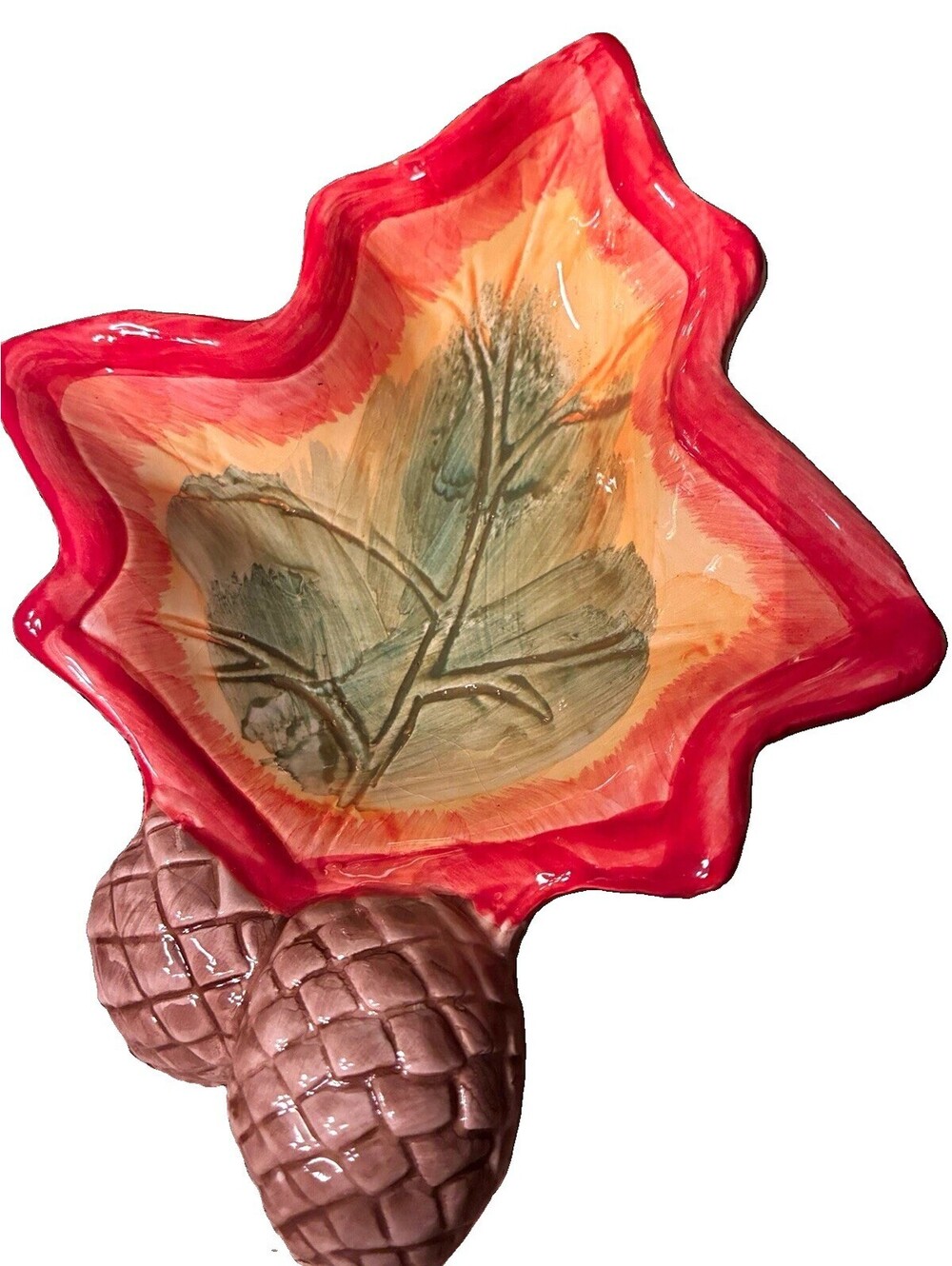 MCL Ceramic Leaf-Shaped Bowl w/ Acorn Base, Red Rim, F-12869A